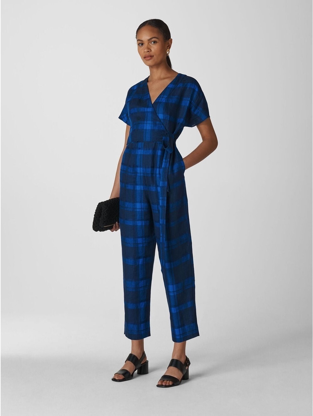 Whistles Blue Check Wrap Linen Jumpsuit